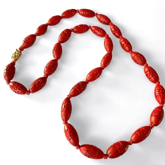 Vintage Chinese Carved Cinnabar Bead Necklace - Picture 3 of 6
